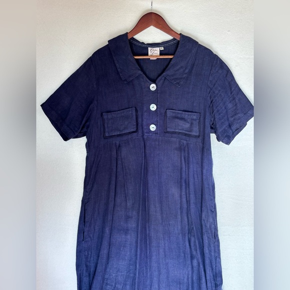 VINTAGE CHRISTINE DAMEN 100%‎ Linen Navy Blue Dress Long Maxi Short Sleeve Beach - Picture 4 of 14